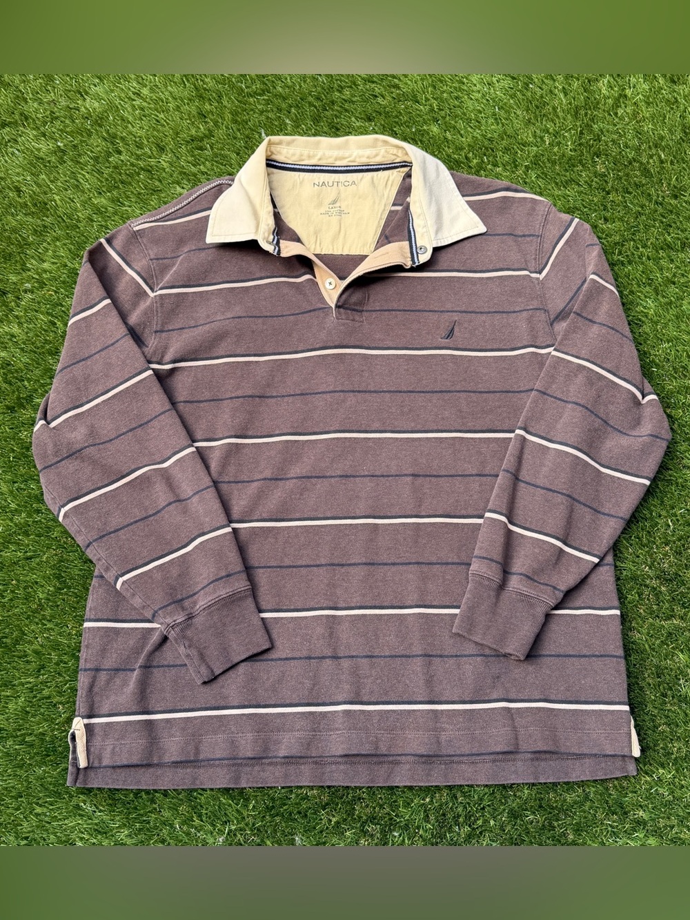 Nautica brown striped long sleeve polo shirt rugby large